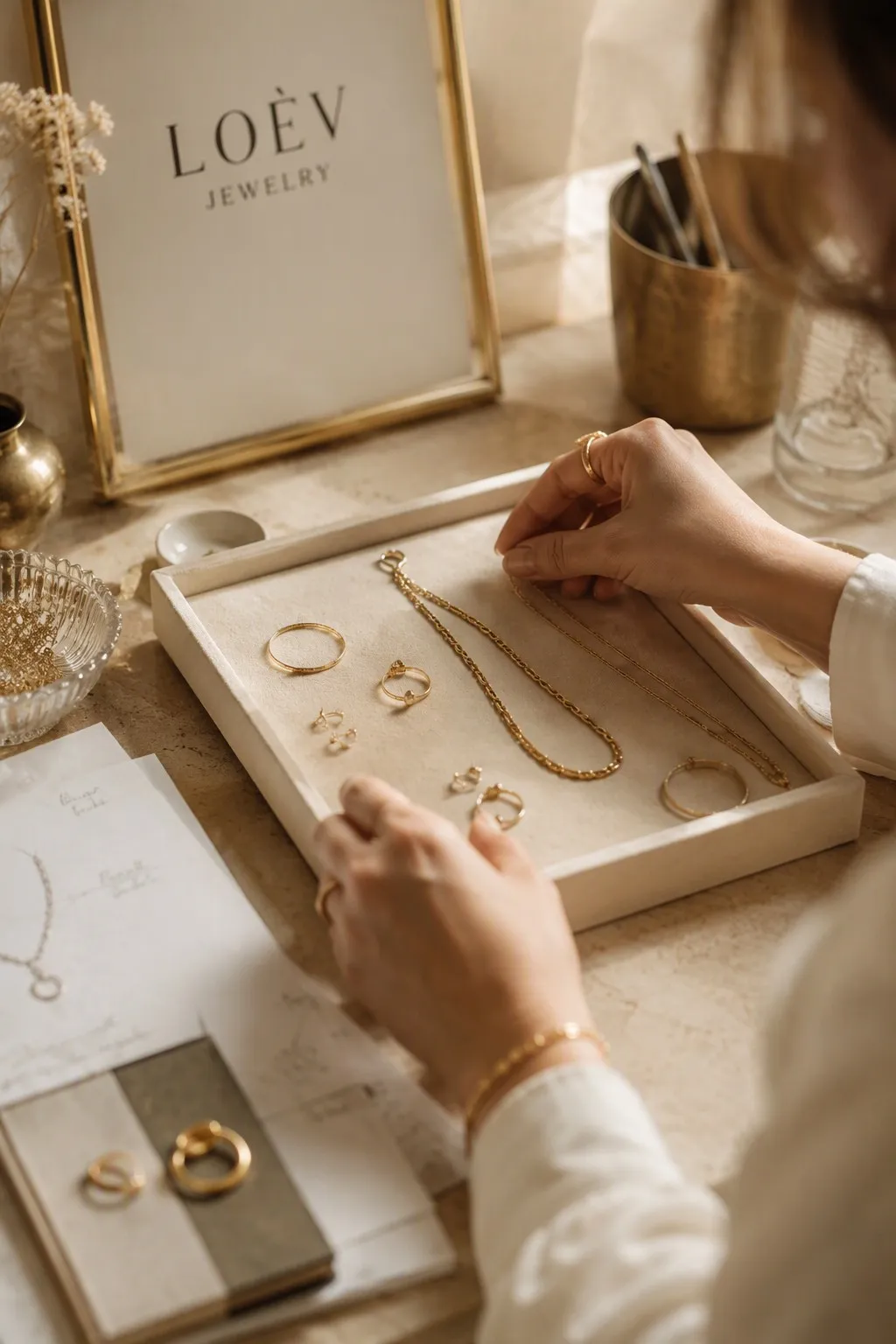 Jewelry studio arranging pieces on a velvet tray