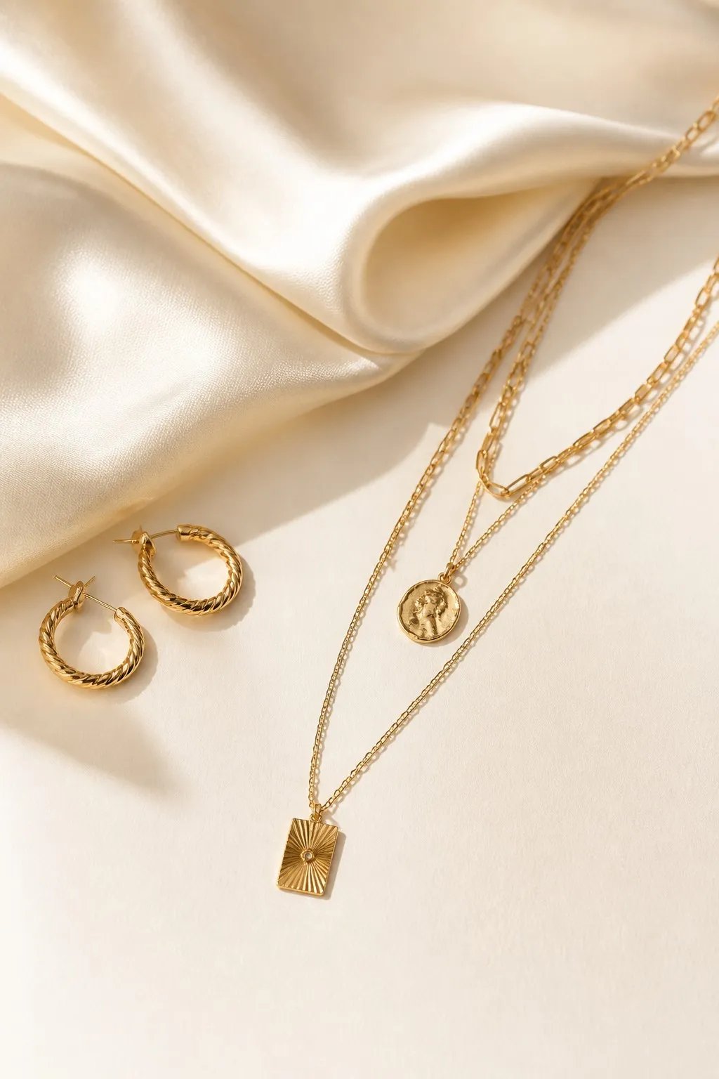 Layered gold jewelry on cream silk