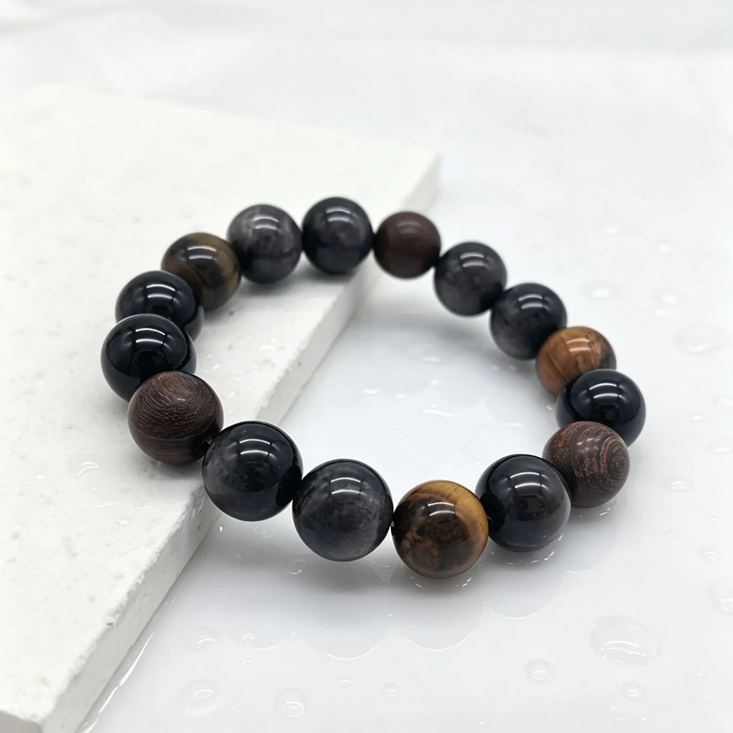 Tiger Eye Onyx Wood Bead Bracelet