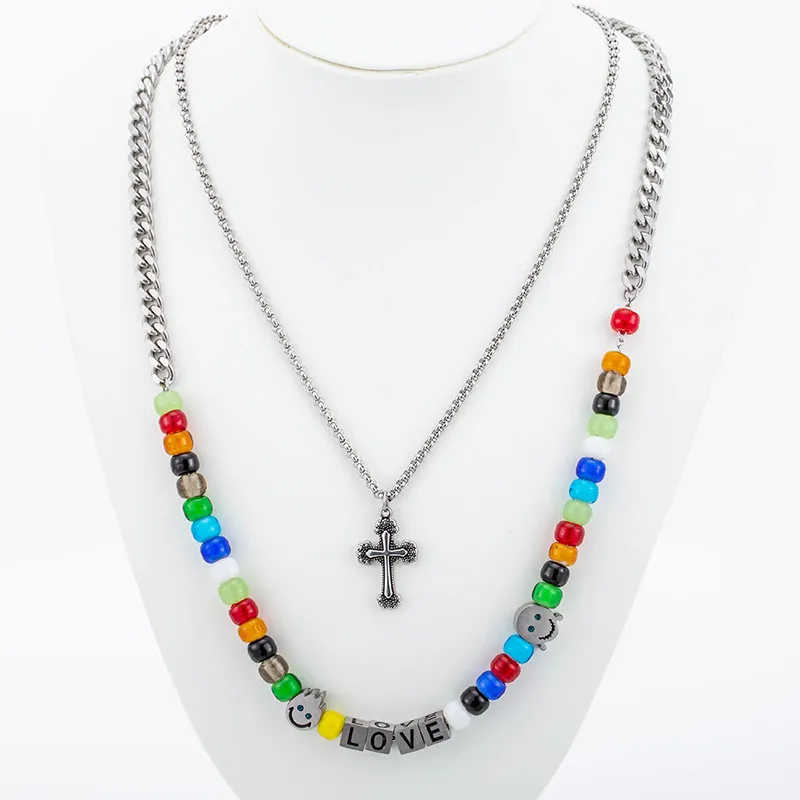 Glass Bead Double-Layer Cross Necklace