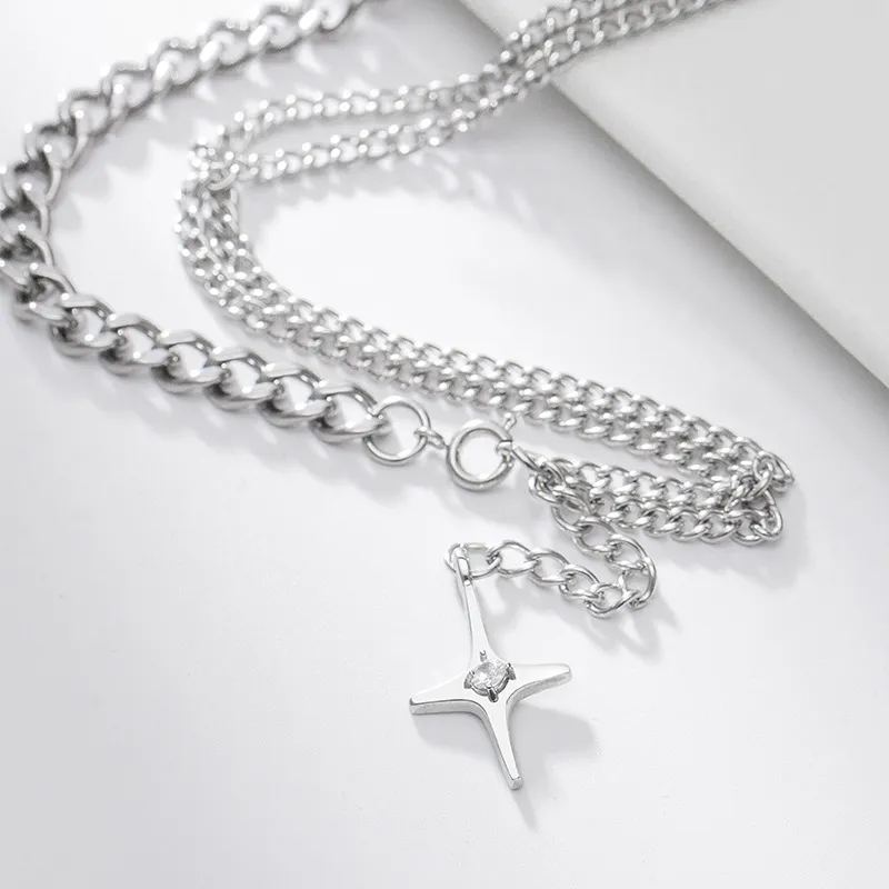 Star-Set Double Chain Cross Necklace