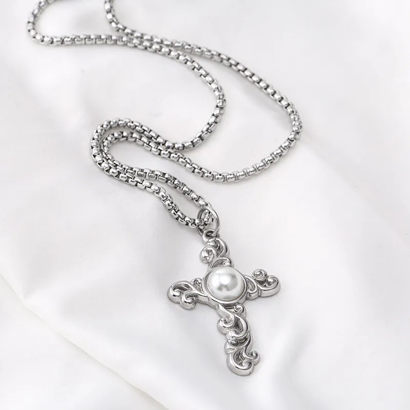 Pearl Accent Long Cross Necklace