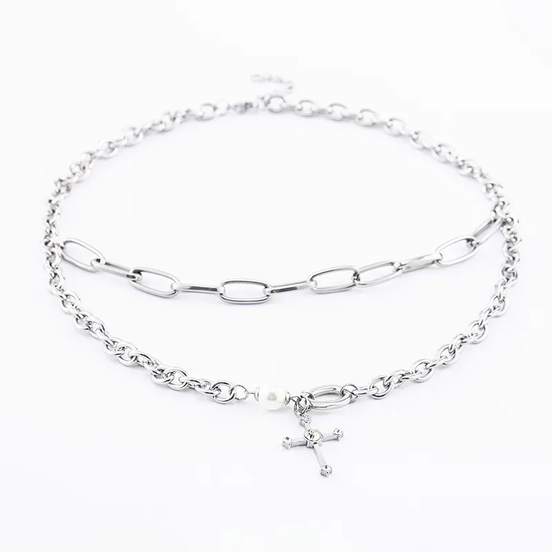 Double-Layer Pearl Crystal Cross Necklace
