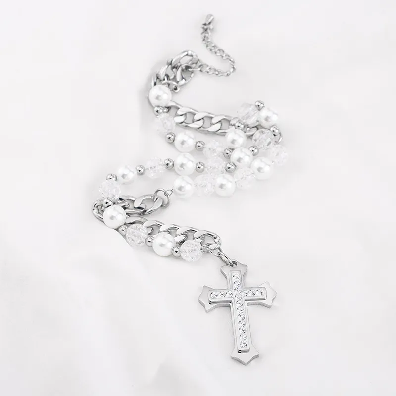 Short Pearl Crystal Cross Necklace