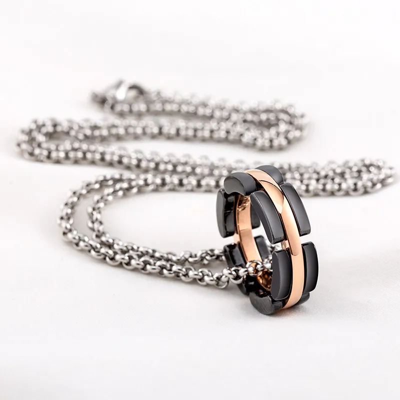Black Ceramic Ring Pendant Long Necklace