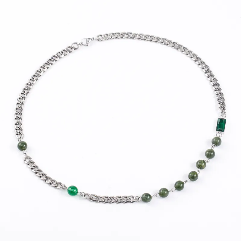 Green Agate Bead Cuban Necklace