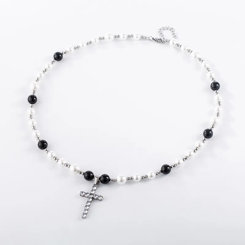B&W Pearl Openwork Cross Necklace