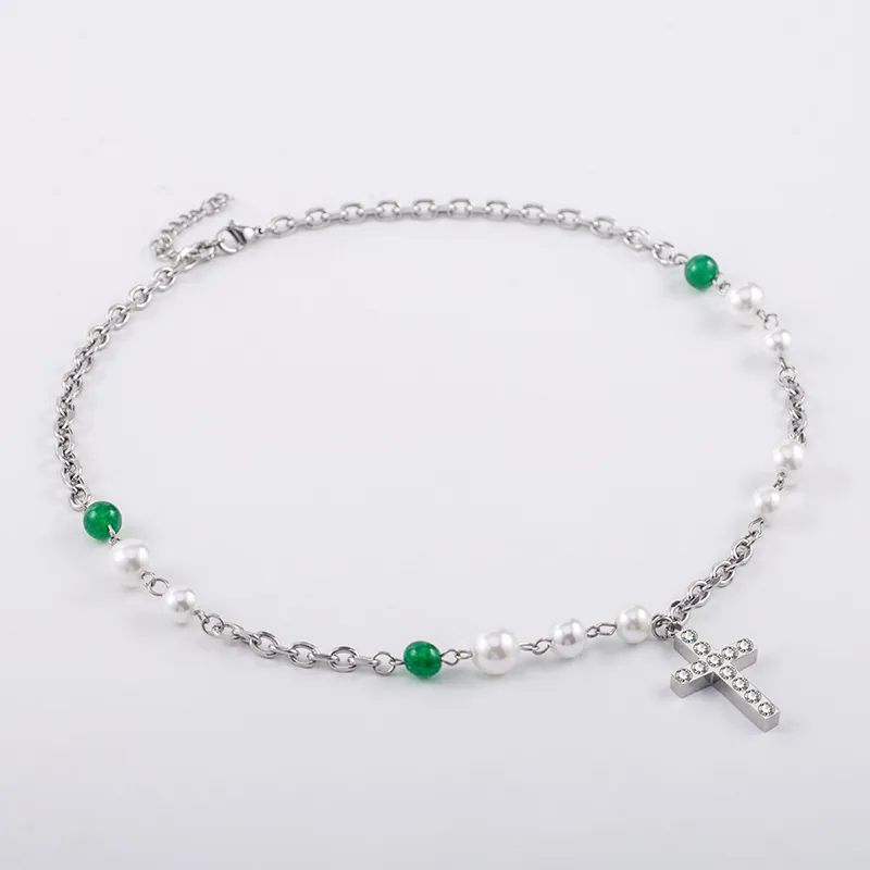 Pearl Agate Crystal Cross Necklace