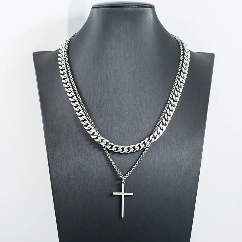 Cuban Chain Double Cross Necklace