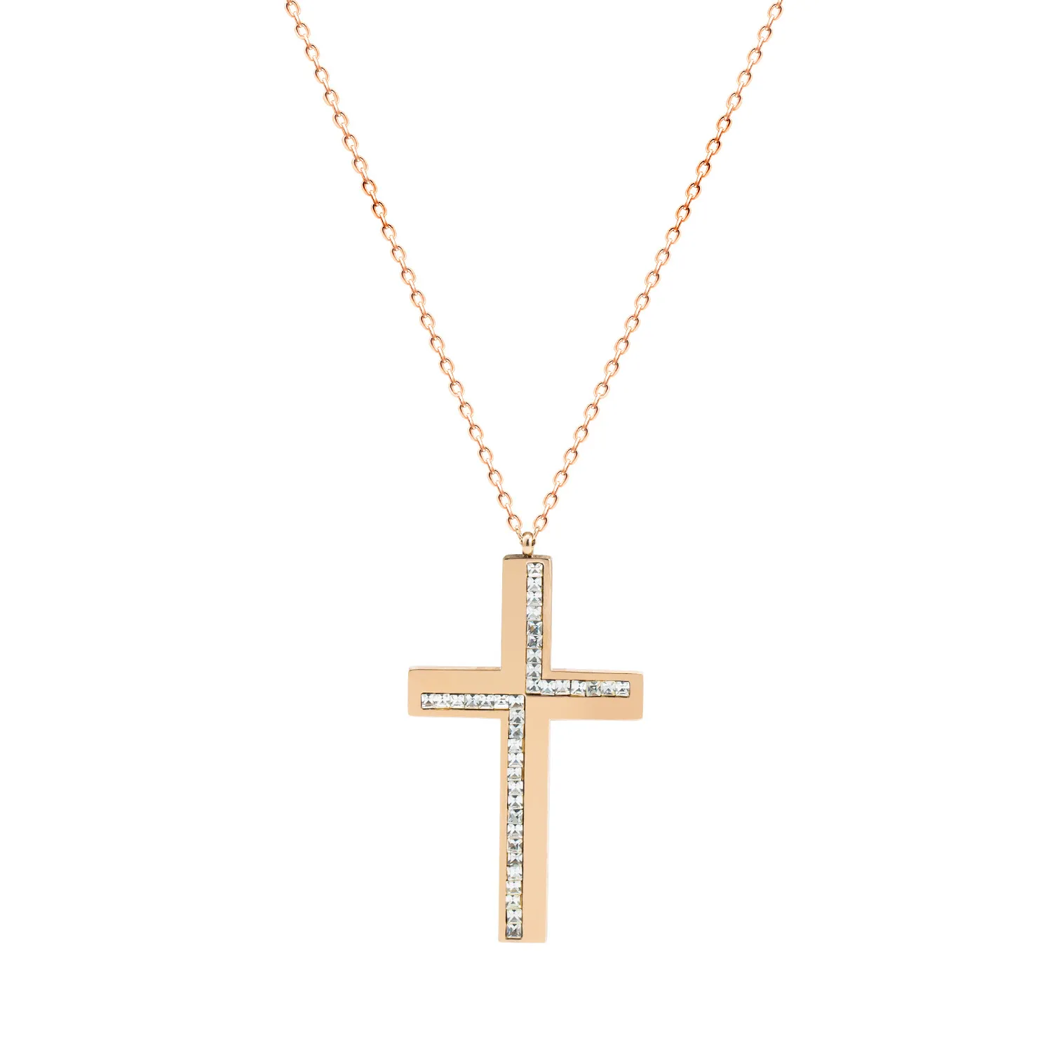 Rose Gold Crystal Cross Long Necklace