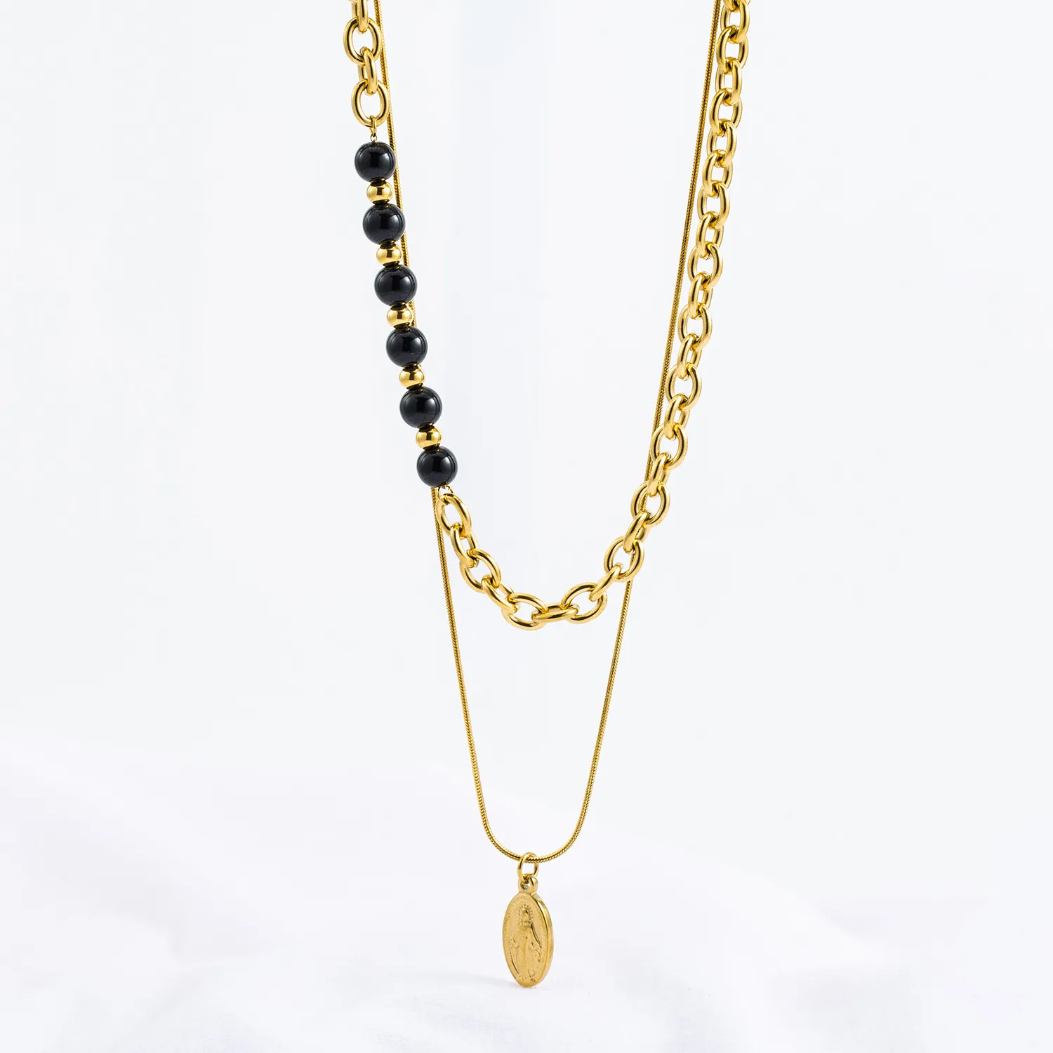 Gold Bead Madonna Medallion Necklace