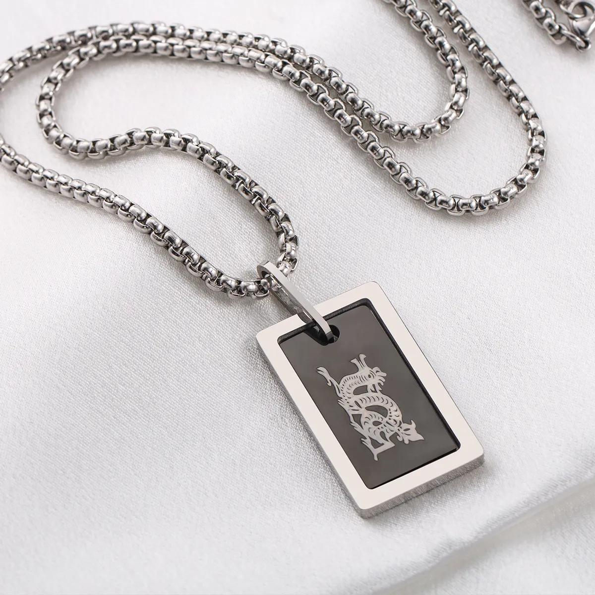 Dragon Motif Square Pendant Long Necklace